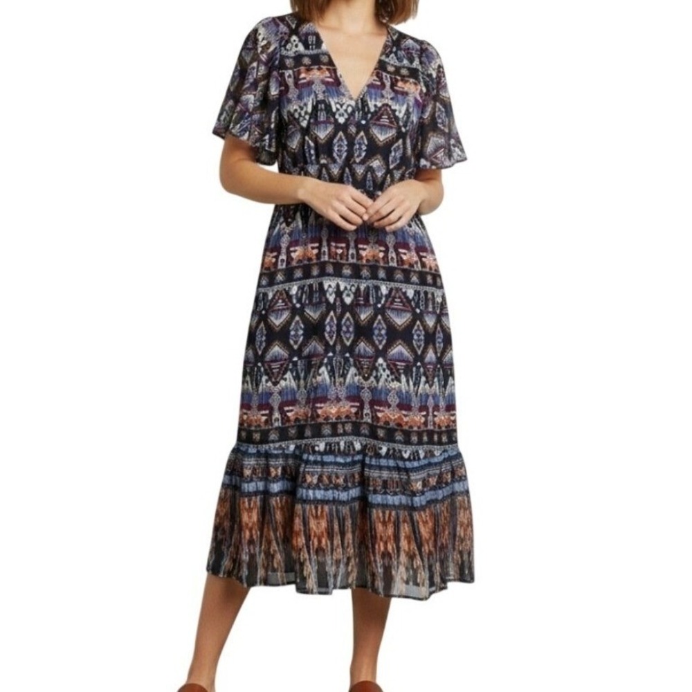 Old Navy Womens Tiered‎ Aztec Midi Dress Southwestern Puff Sleeve Boho Blue L